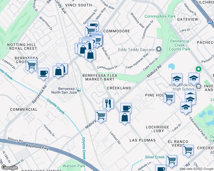 map of restaurants, bars, coffee shops, grocery stores, and more near 888 North King Road in San Jose