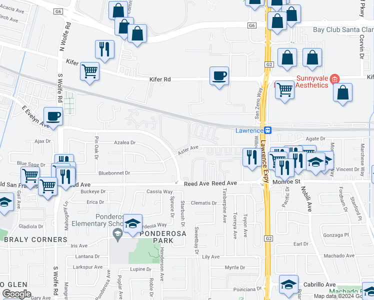 map of restaurants, bars, coffee shops, grocery stores, and more near 1035 Aster Avenue in Sunnyvale