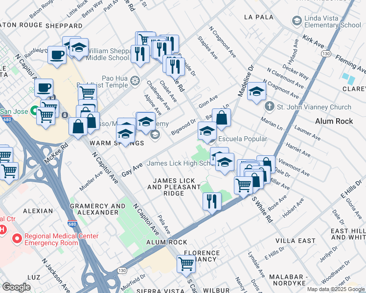 map of restaurants, bars, coffee shops, grocery stores, and more near 2930 Gay Avenue in San Jose