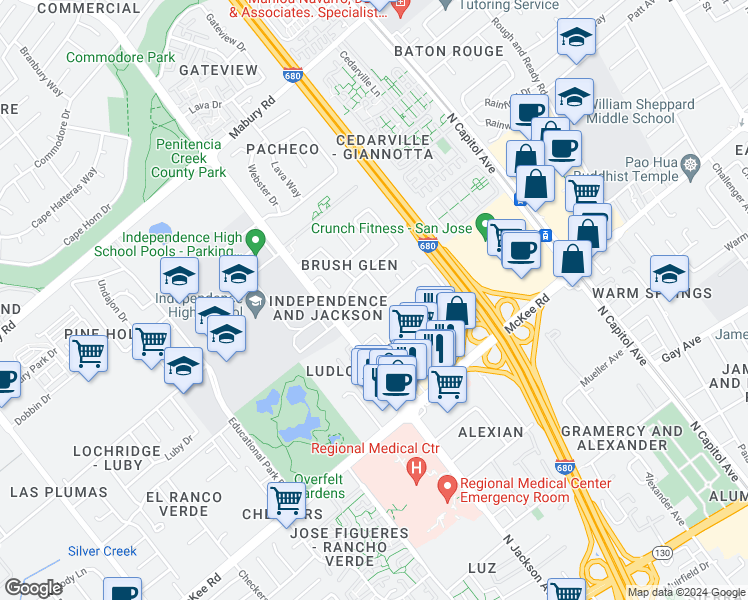 map of restaurants, bars, coffee shops, grocery stores, and more near in San Jose