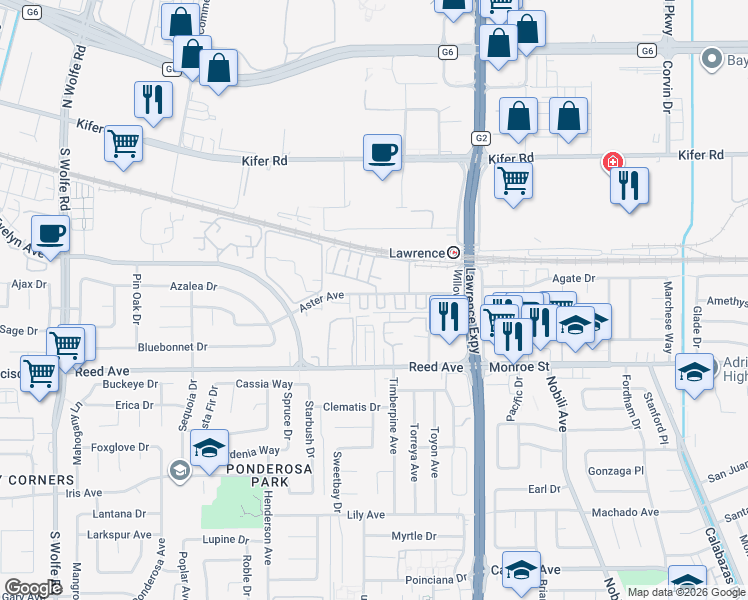 map of restaurants, bars, coffee shops, grocery stores, and more near 1143 Aster Avenue in Sunnyvale