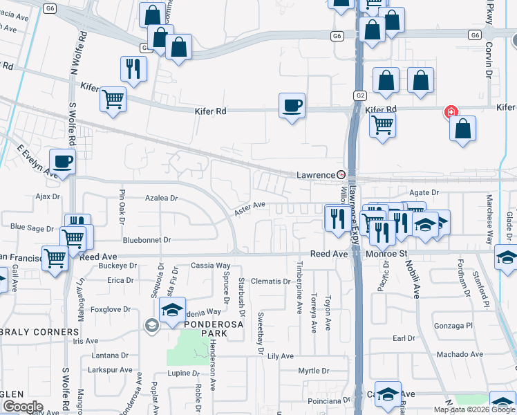 map of restaurants, bars, coffee shops, grocery stores, and more near 1052 Aster Avenue in Sunnyvale