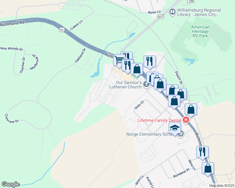 map of restaurants, bars, coffee shops, grocery stores, and more near 7521 Luminary Drive in Williamsburg