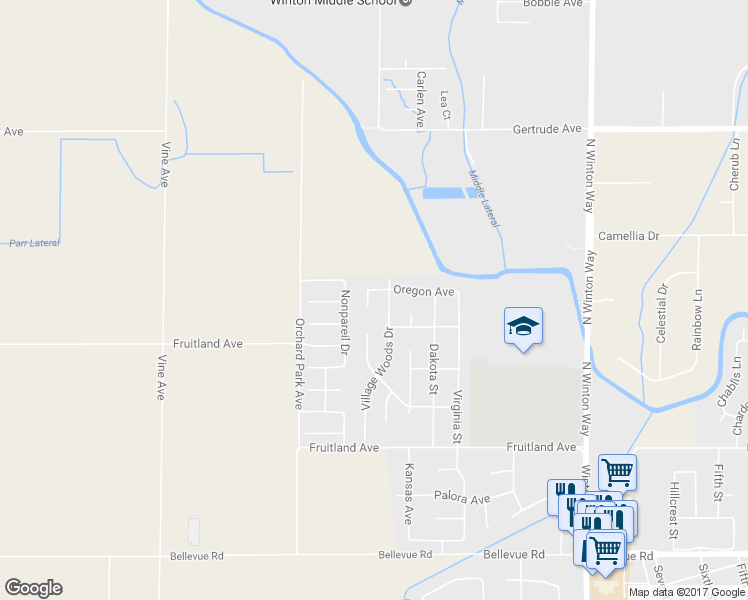 map of restaurants, bars, coffee shops, grocery stores, and more near 3478 Carrie Court in Atwater