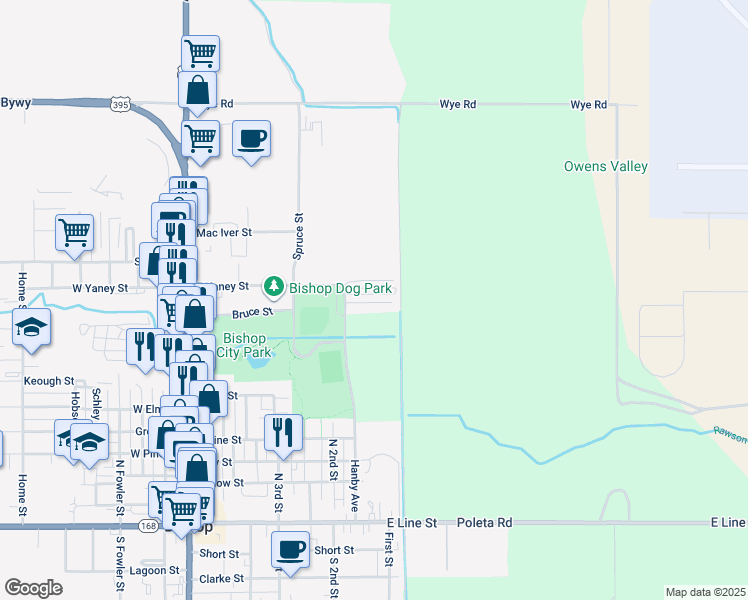 map of restaurants, bars, coffee shops, grocery stores, and more near 399 East Yaney Street in Bishop