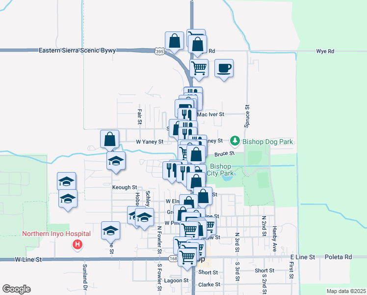 map of restaurants, bars, coffee shops, grocery stores, and more near 789 North Main Street in Bishop