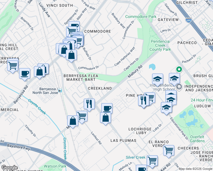 map of restaurants, bars, coffee shops, grocery stores, and more near 756 Creekland Circle in San Jose