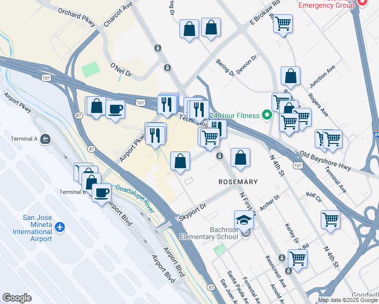 map of restaurants, bars, coffee shops, grocery stores, and more near 25 Metro Drive in San Jose