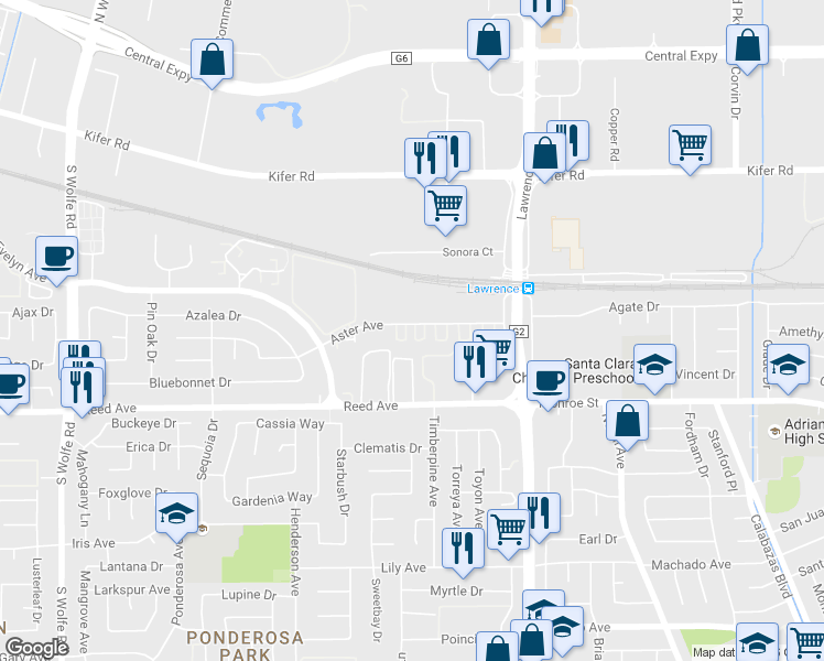 map of restaurants, bars, coffee shops, grocery stores, and more near 1143 Aster Avenue in Sunnyvale