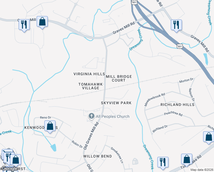 map of restaurants, bars, coffee shops, grocery stores, and more near 109 Sandbridge Court in Lynchburg