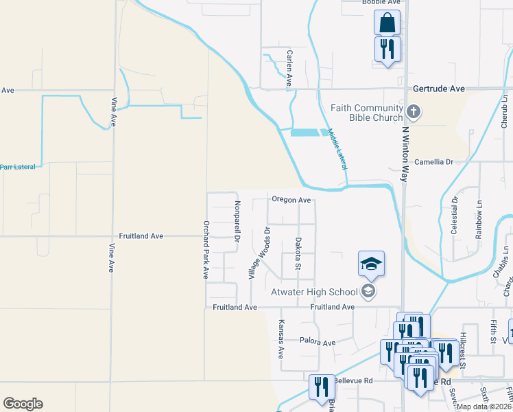 map of restaurants, bars, coffee shops, grocery stores, and more near 3478 Carrie Court in Atwater