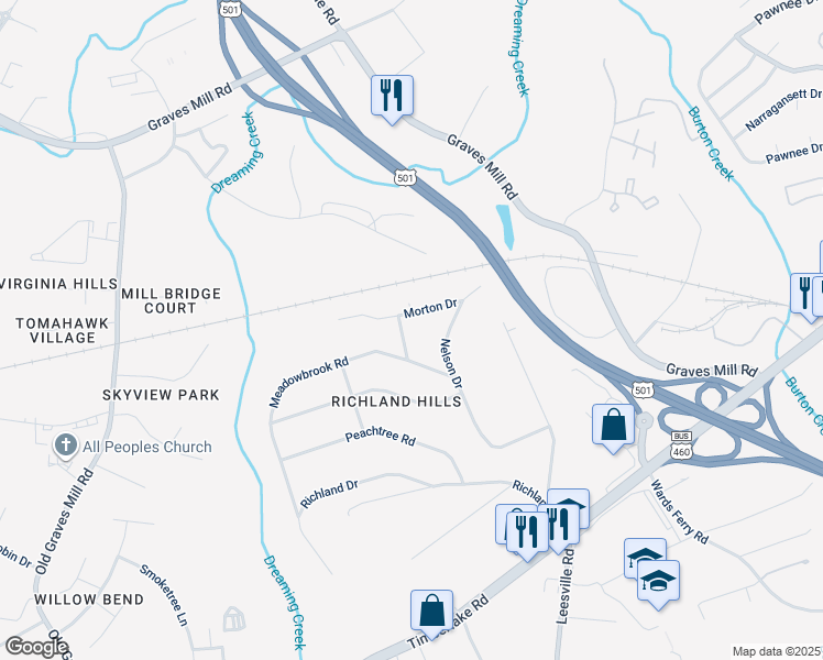 map of restaurants, bars, coffee shops, grocery stores, and more near 1402 Norcross Road in Lynchburg