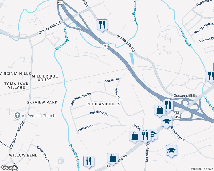 map of restaurants, bars, coffee shops, grocery stores, and more near 1402 Norcross Road in Lynchburg