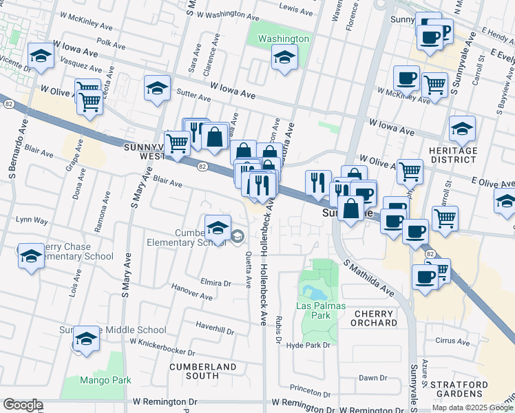 map of restaurants, bars, coffee shops, grocery stores, and more near 804 West El Camino Real in Sunnyvale