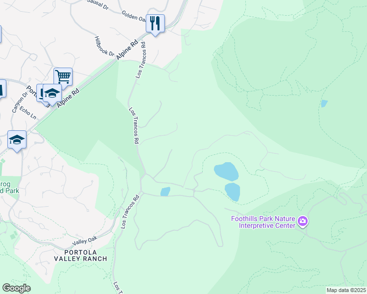 map of restaurants, bars, coffee shops, grocery stores, and more near 630 Los Trancos Road in Portola Valley