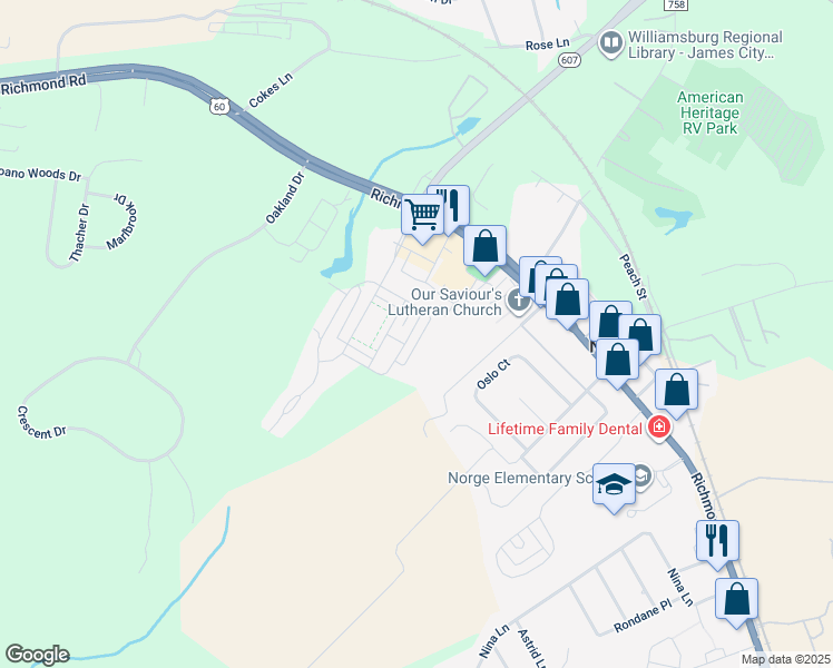 map of restaurants, bars, coffee shops, grocery stores, and more near 7521 Luminary Drive in Williamsburg