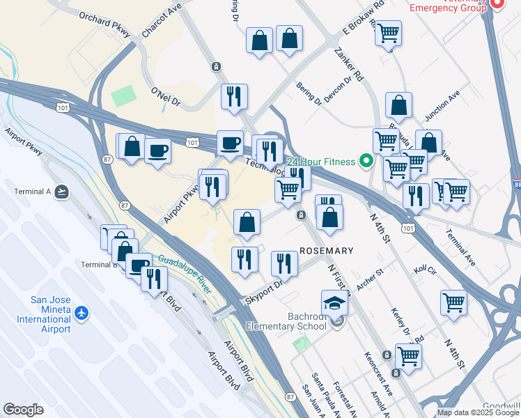 map of restaurants, bars, coffee shops, grocery stores, and more near 101 Metro Drive in San Jose