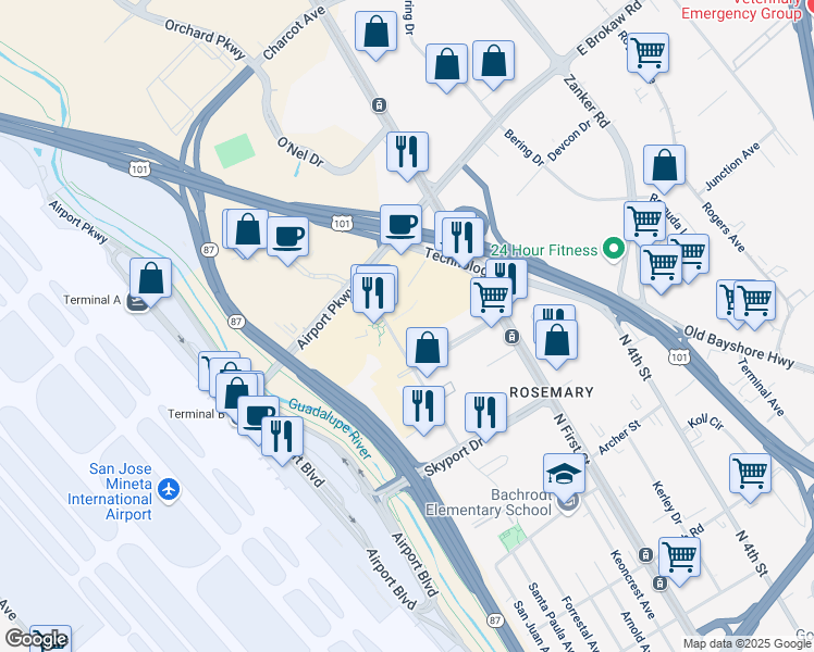 map of restaurants, bars, coffee shops, grocery stores, and more near 1754 Technology Drive in San Jose