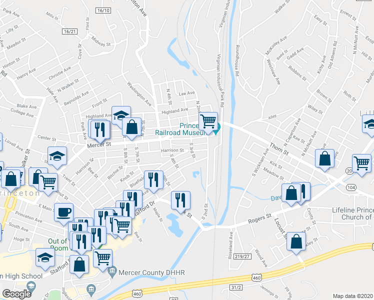 map of restaurants, bars, coffee shops, grocery stores, and more near 268 Harrison Street in Princeton