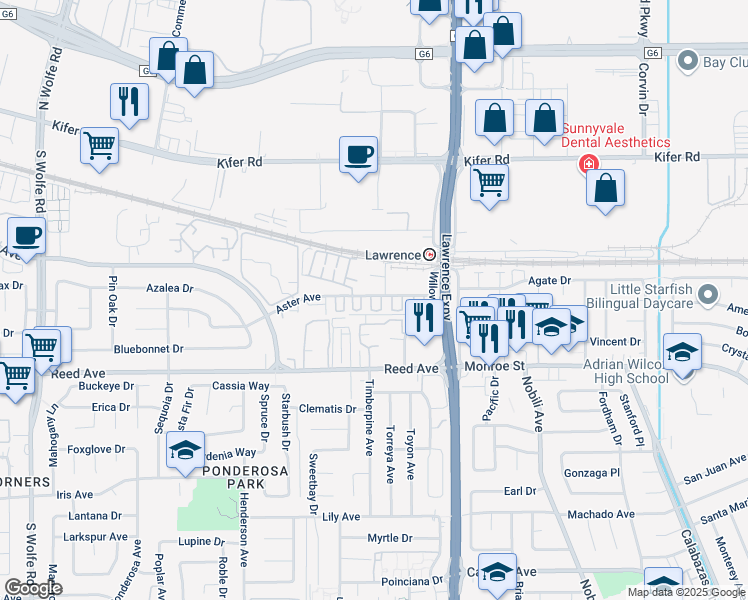 map of restaurants, bars, coffee shops, grocery stores, and more near 480 Texas Oak Terrace in Sunnyvale