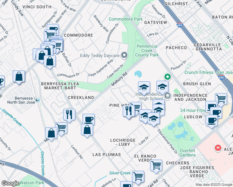 map of restaurants, bars, coffee shops, grocery stores, and more near 1862 Pine Hollow Circle in San Jose