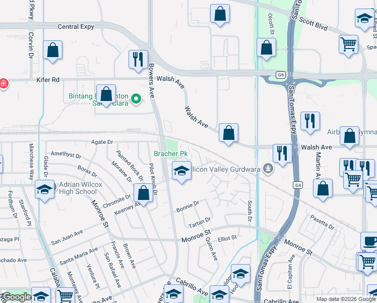 map of restaurants, bars, coffee shops, grocery stores, and more near 3210 Cortez Drive in Santa Clara
