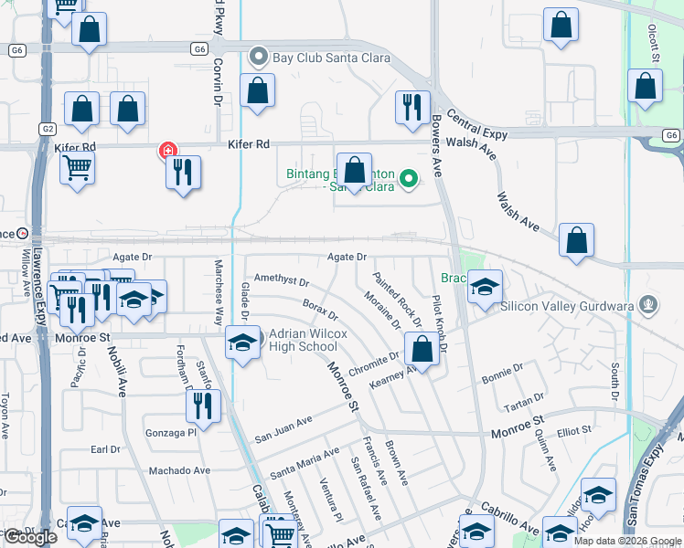 map of restaurants, bars, coffee shops, grocery stores, and more near 2620 Moraine Drive in Santa Clara