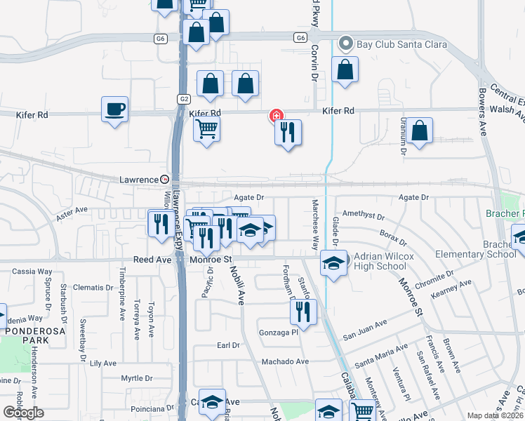 map of restaurants, bars, coffee shops, grocery stores, and more near 3408 Agate Drive in Santa Clara