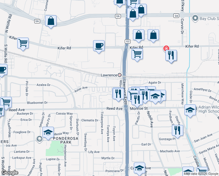 map of restaurants, bars, coffee shops, grocery stores, and more near 1176 Aster Avenue in Sunnyvale
