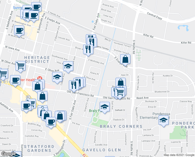 map of restaurants, bars, coffee shops, grocery stores, and more near 653 East Olive Avenue in Sunnyvale