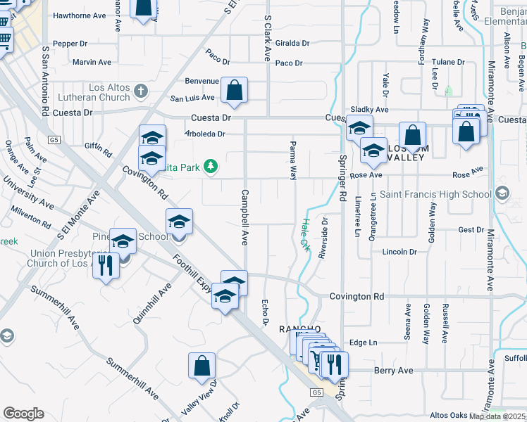 map of restaurants, bars, coffee shops, grocery stores, and more near 746 Casa Bonita Court in Los Altos