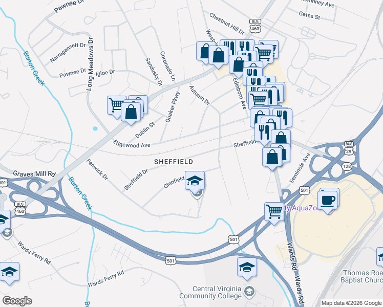 map of restaurants, bars, coffee shops, grocery stores, and more near 1117 Sheffield Drive in Lynchburg