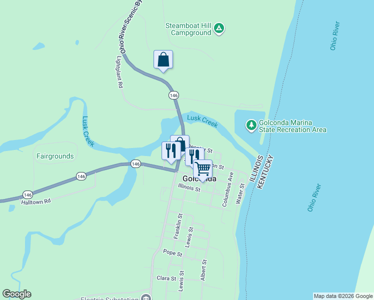 map of restaurants, bars, coffee shops, grocery stores, and more near Adams Street in Golconda