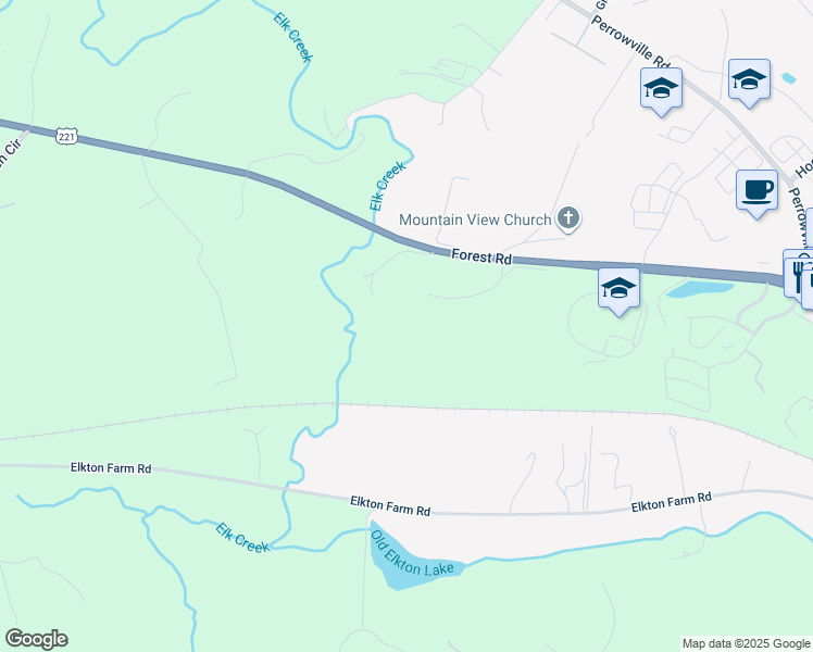 map of restaurants, bars, coffee shops, grocery stores, and more near 114 Elkridge Drive in Forest