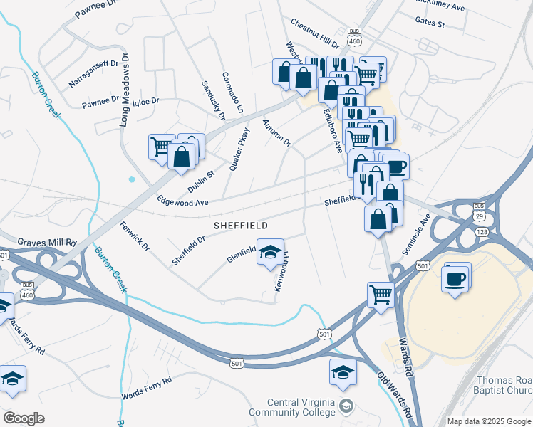 map of restaurants, bars, coffee shops, grocery stores, and more near 1125 Sheffield Drive in Lynchburg