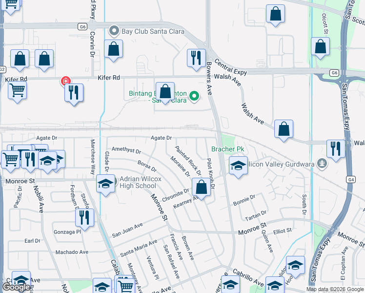 map of restaurants, bars, coffee shops, grocery stores, and more near 2514 Parkland Court in Santa Clara