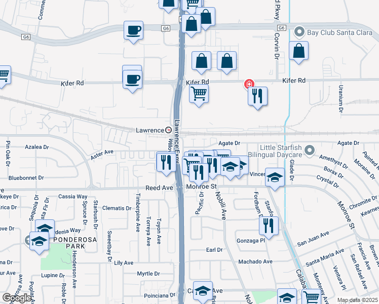 map of restaurants, bars, coffee shops, grocery stores, and more near 3568 Agate Drive in Santa Clara