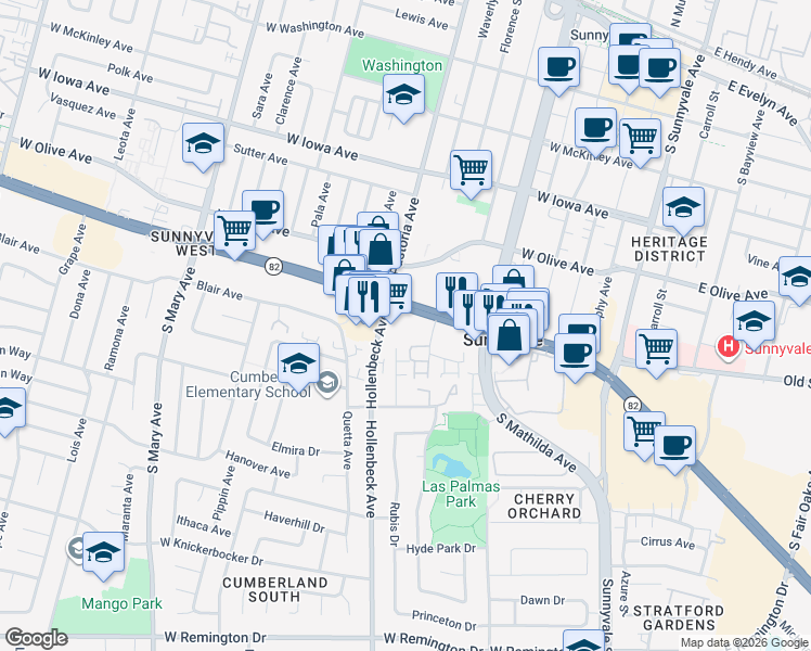 map of restaurants, bars, coffee shops, grocery stores, and more near 680 California 82 in Sunnyvale