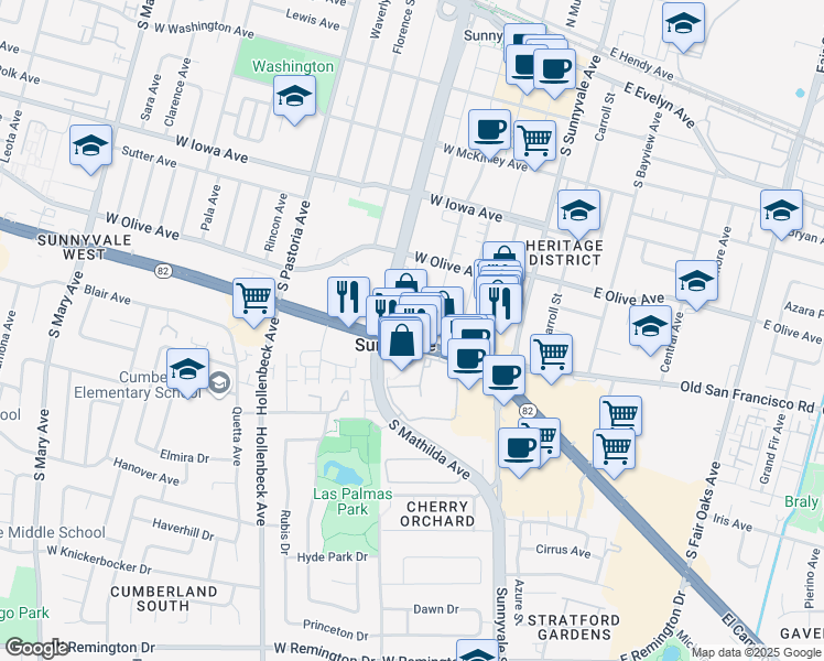 map of restaurants, bars, coffee shops, grocery stores, and more near 303 California 82 in Sunnyvale