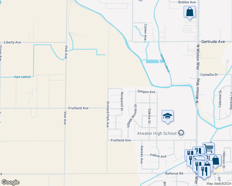 map of restaurants, bars, coffee shops, grocery stores, and more near 2751 Yosemite Court in Atwater