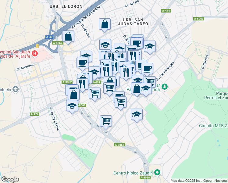 map of restaurants, bars, coffee shops, grocery stores, and more near 22 Calle Atarazana in Bormujos