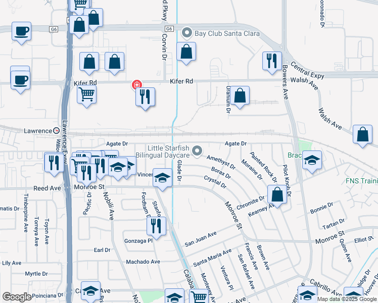 map of restaurants, bars, coffee shops, grocery stores, and more near 2587 Amethyst Drive in Santa Clara