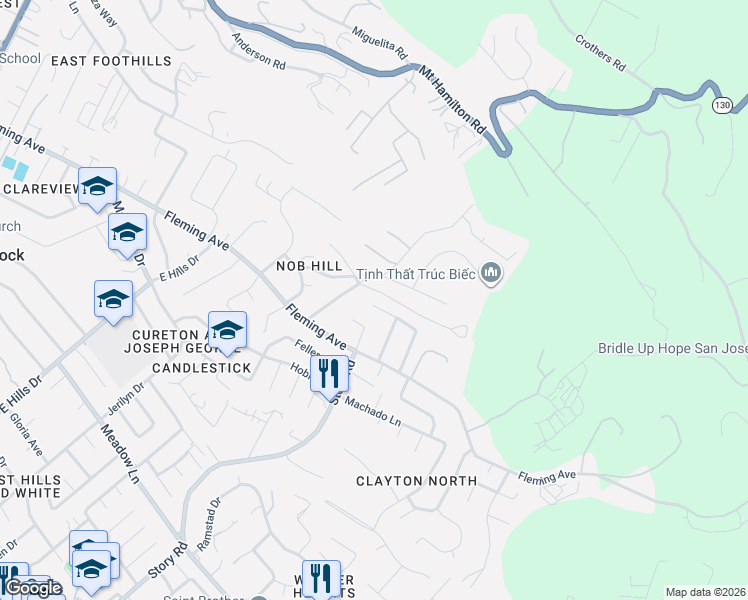 map of restaurants, bars, coffee shops, grocery stores, and more near 3696 Rosemar Avenue in San Jose