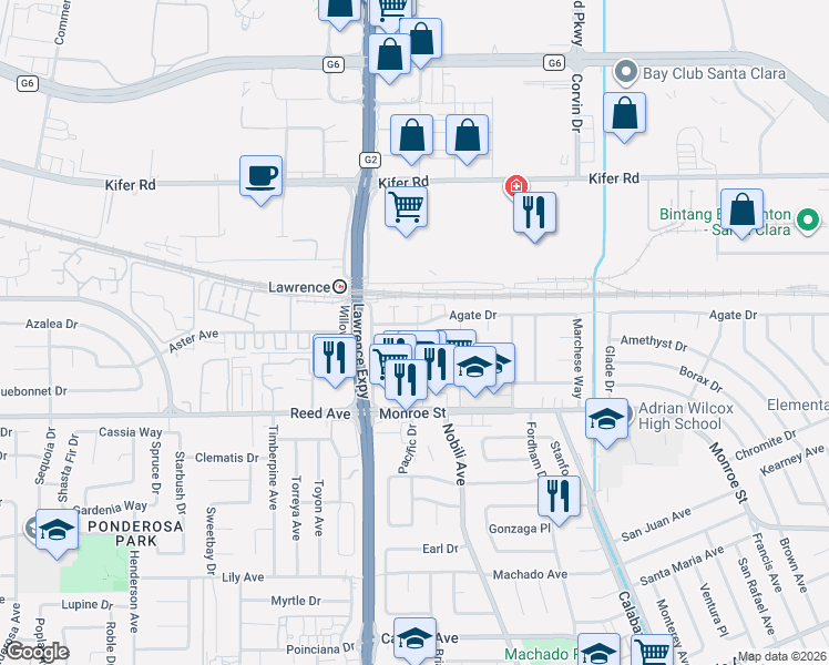 map of restaurants, bars, coffee shops, grocery stores, and more near 3508 Agate Drive in Santa Clara