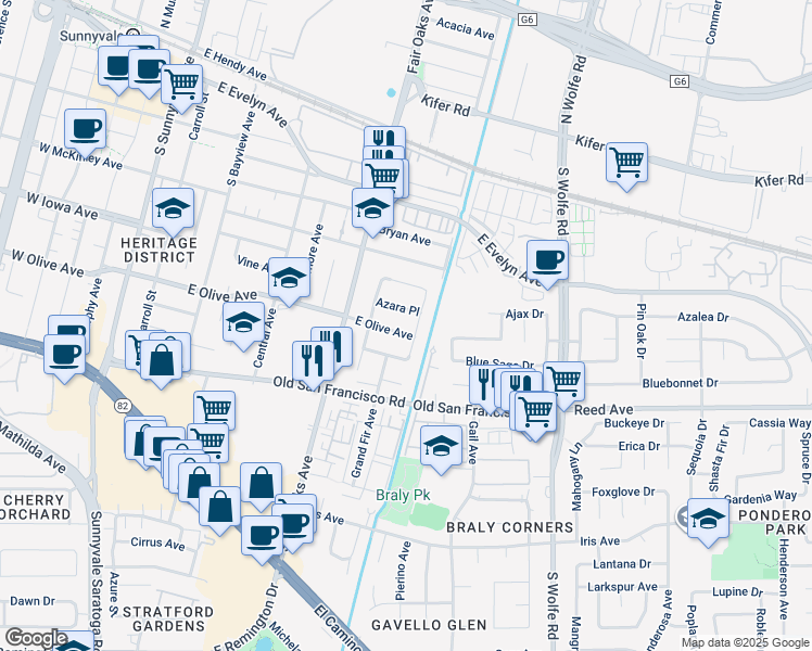 map of restaurants, bars, coffee shops, grocery stores, and more near 653 East Olive Avenue in Sunnyvale