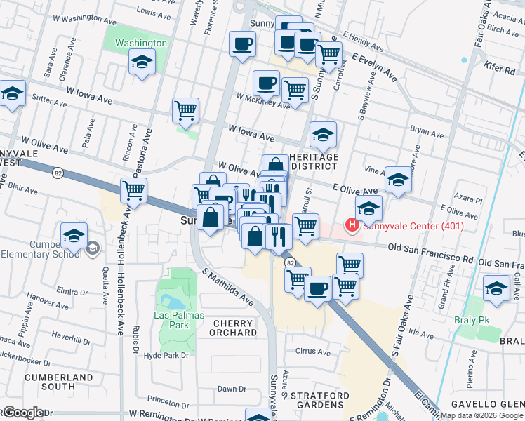 map of restaurants, bars, coffee shops, grocery stores, and more near 560 South Murphy Avenue in Sunnyvale
