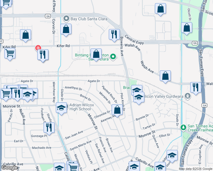 map of restaurants, bars, coffee shops, grocery stores, and more near 2514 Parkland Court in Santa Clara