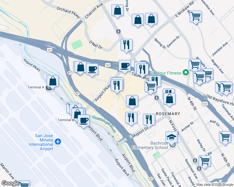 map of restaurants, bars, coffee shops, grocery stores, and more near 1788 Technology Drive in San Jose
