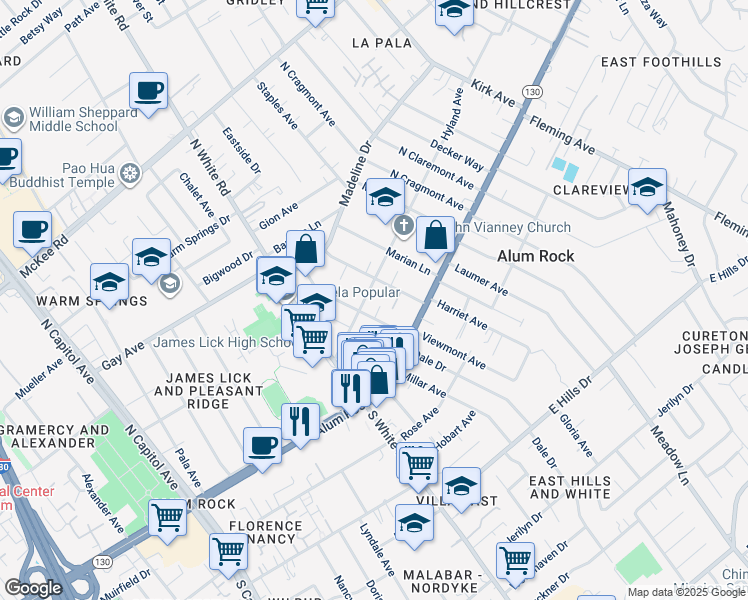 map of restaurants, bars, coffee shops, grocery stores, and more near 4440 Hyland Avenue in San Jose