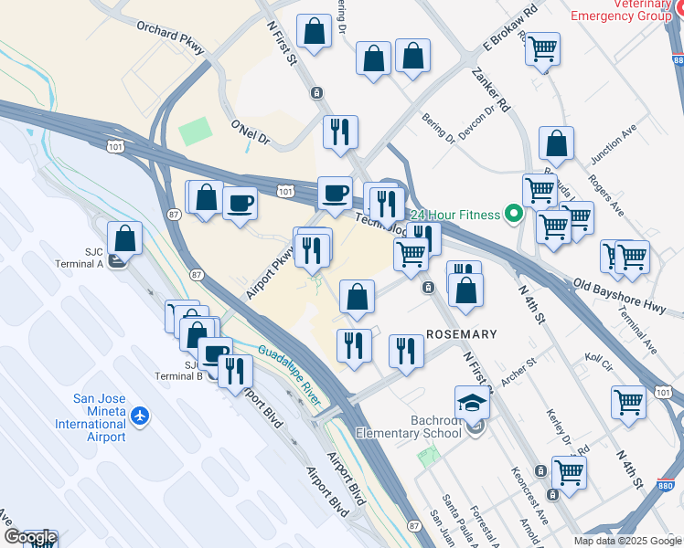 map of restaurants, bars, coffee shops, grocery stores, and more near 1754 Technology Drive in San Jose